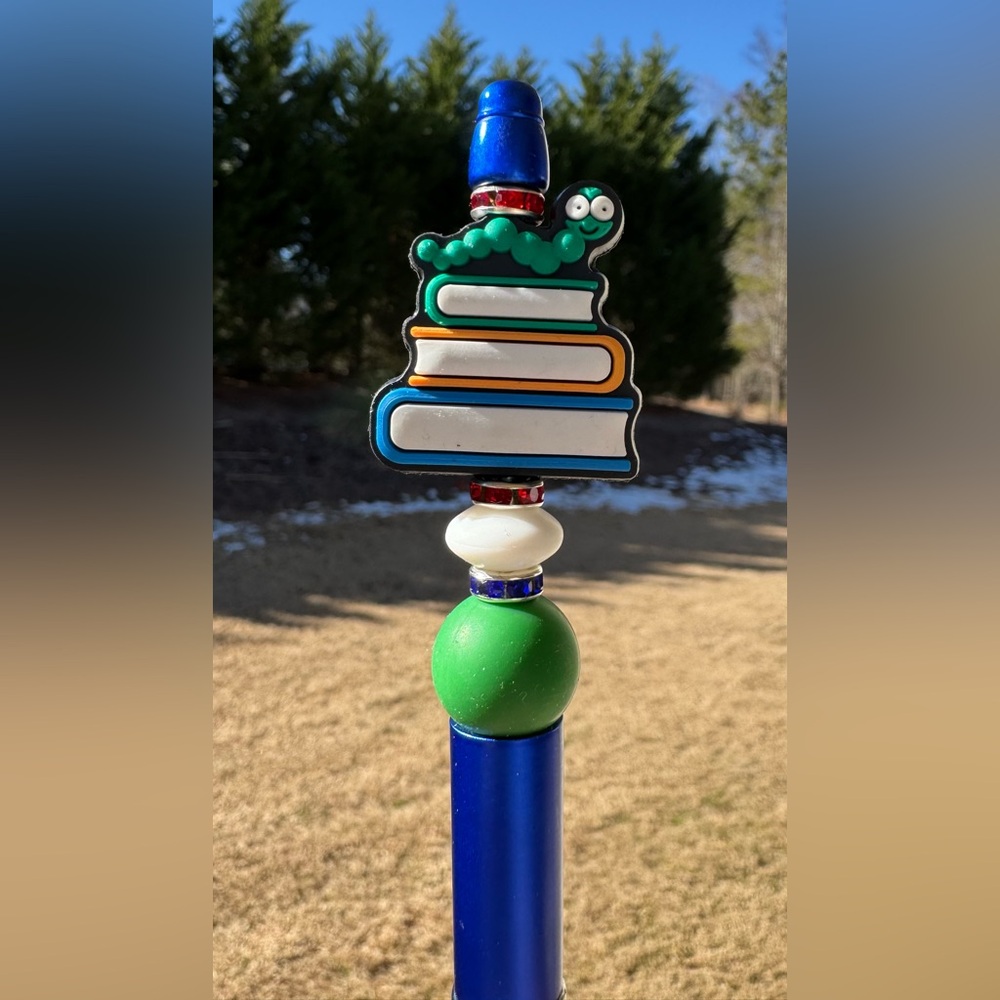 Handcrafted Bookworm Librarian Teacher Rhinestone Beaded Pen Stationery Gift